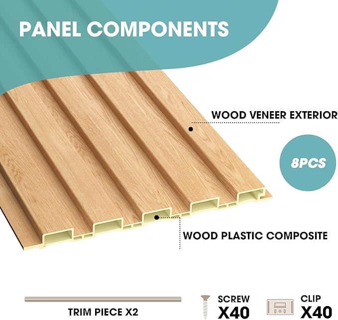 OUZUGIE WPC Acoustic Slat Wall Paneling, 8-Pack 114 x 6 Inches 3D Wall Panels for Interior Wall Decor,Living Room,TV Background,Study Room,Office Spaces,Bedroom,Low Grille (Oak)