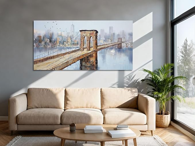 Arjun Brooklyn Bridge Canvas Wall Art New York Skyline City Painting, NYC Picture Textured Artwork Framed for Bedroom Living Room Home Office Wall Decor, Extra Large 58"x29"