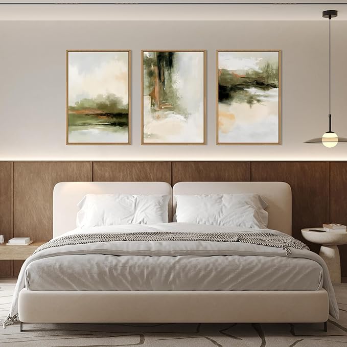 KAIRNE Green Abstract Neutral Framed Canvas Wall Art Set, Modern Watercolor Shapes Wall Decor, Minimalist Pastel Wall Painting, Brown, Gray Tan for Living Room, Bedroom, Office 16x24 Inch