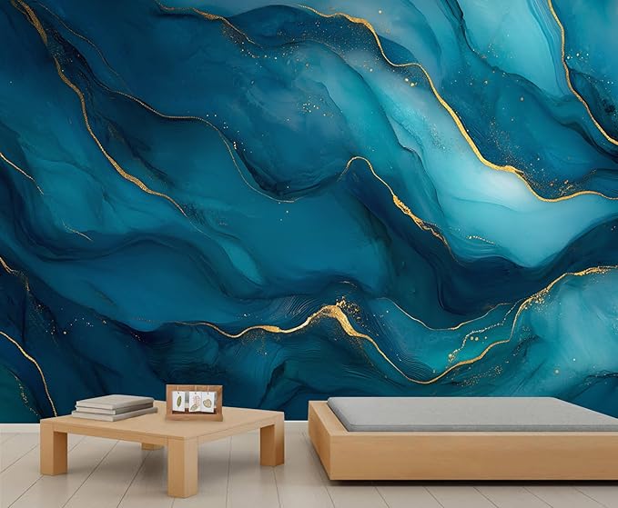 Blue Gold Marble Mural Wallpaper, Modern Fashion Marble Murals, Abstract 3D Gold Texture Murals, Wallpaper for Living Room Bedroom Boy Girl Room Home Decor Mural (Not Peel Stick)