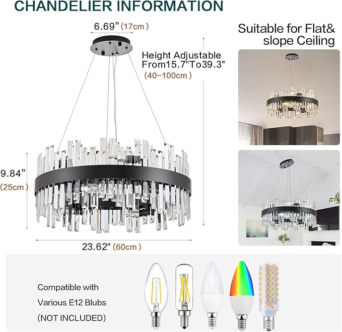 24'' Modern Black Crystal Chandeliers for Dining Room,2 Tiers K9 Crystal 12-Lights Luxury Chandelier Light Fixture Contemporary Pendant Ceiling Light for Living Room Kitchen Island Foyer