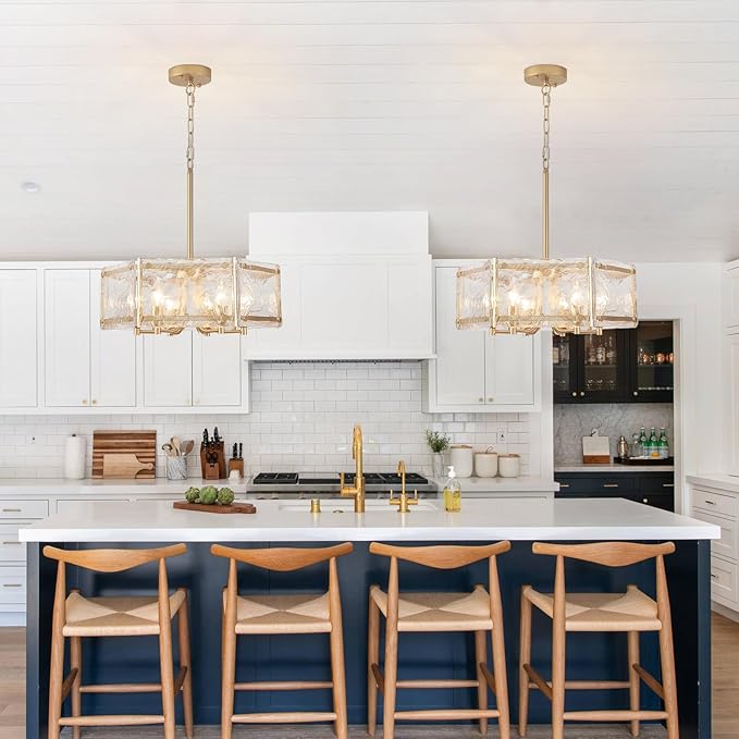 6-Light Gold Glass Chandelier, 18.7" Modern Textured Glass Drum Chandelier for Dining Room, Luxury Crystal Round Hanging Light Fixture for Kitchen Living Room Hallway Bedroom