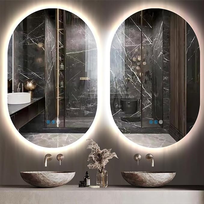 40 x 20 Inch Oval LED Backlit Mirror for Bathroom Salon Wall Horizontal/Vertical Mounted Antifog Smart Memory 3 Color 40 Inch Backlit Frameless LED Oval Lighted Vanity Mirror with Lights