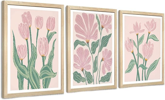 JLTULT 3 Piece Pink Abstract Tulips Floral Wall Art, Boho Green Botanical Wall Decor, Modern Flowers Paintings Art Prints for Living Room Bedroom Home Farmhouse Office12x16 Framed inch Ready to Hang