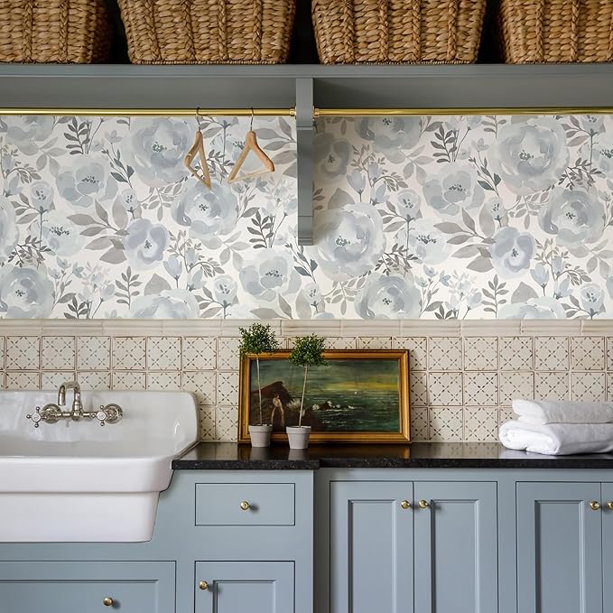 Orainege Floral Wallpaper Peel and Stick Wallpaper Boho 17.3inx393.7n Self Adhesive Contact Paper Removable Decorative Wall Paper for Bedroom Bathroom Shelf Liner Decor Vinyl,Blue