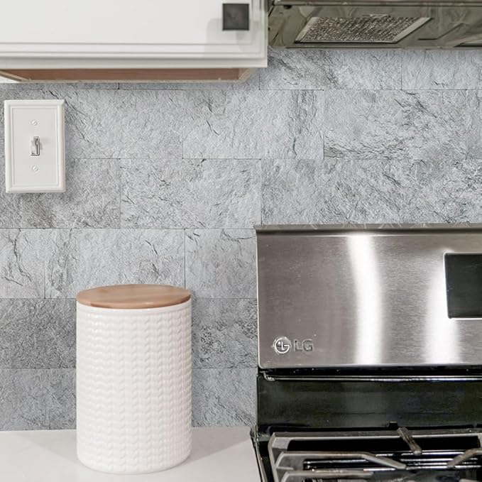 AULIGET 2-Piece Light Slate Peel and Stick Backsplash Wall Tiles, 6" x 12" PVC Faux Stone Stick on Tiles for Backsplash Kitchen, Bathroom, Laundry Room, Camper, Fireplace