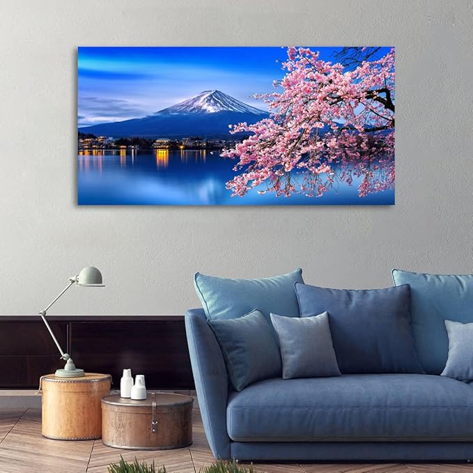 Aibonnly Wall Art Canvas Painting Cherry Blossoms Mount Fuji 1 Piece Mount Fuji and the Sakura Blossoming Lake Picture Poster Print Framed and Stretched Ready to Hang for Living Room Bedroom