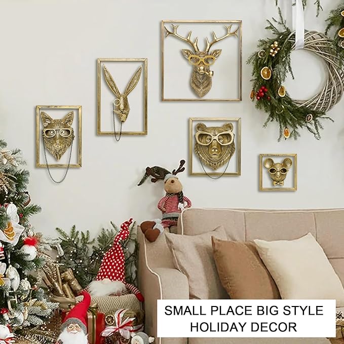 Newinhome 5 Pack Animal Heads Wall Decoration (Gift Metal Frame) Resin Animals Sculptures Head Wall Hanging Decor Gold vintage Wall Sculpture for Living Room Bedroom Office