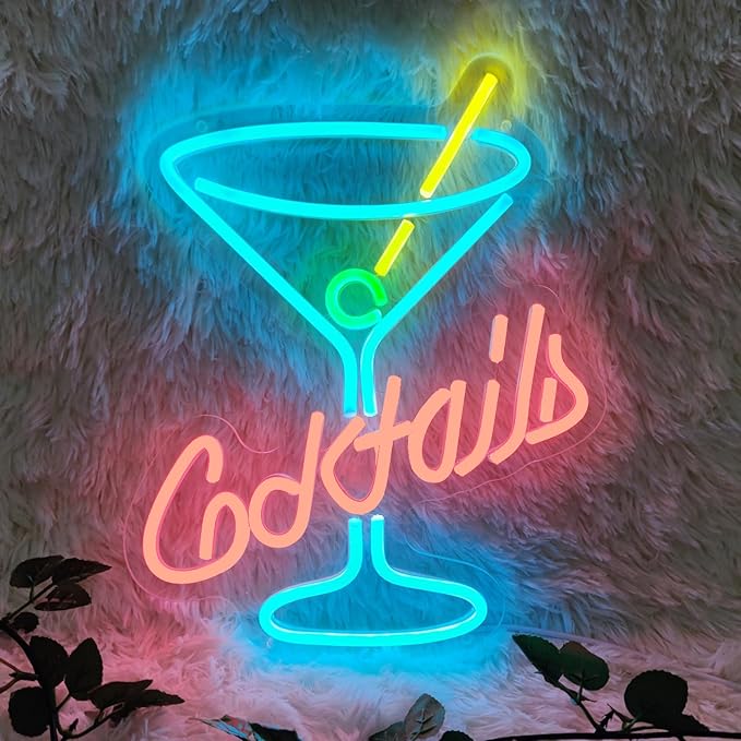 Cocktail Neon Sign, 11" x 13.7" Multicolor Acrylic Wall Mount, Tabletop, Hanging Chain LED Sign for Home Bar Decor