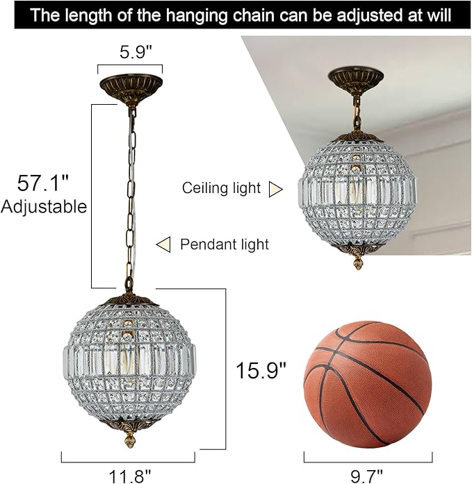 Antique Crystal Globe Chandelier, 11.8" Vintage Small Sphere Chandelier Crystal Pendant Light Fixture for Foyer Dining Room Kitchen Island Bronze