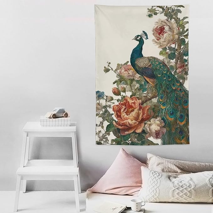 UUKXKUU Peacock Oriental Retro Blooming Flowers Tree Tapestry Wall Decor Large Wall Art Backdrop Flag Hanging for Bedroom Living Room Dorm Office 60"×90"