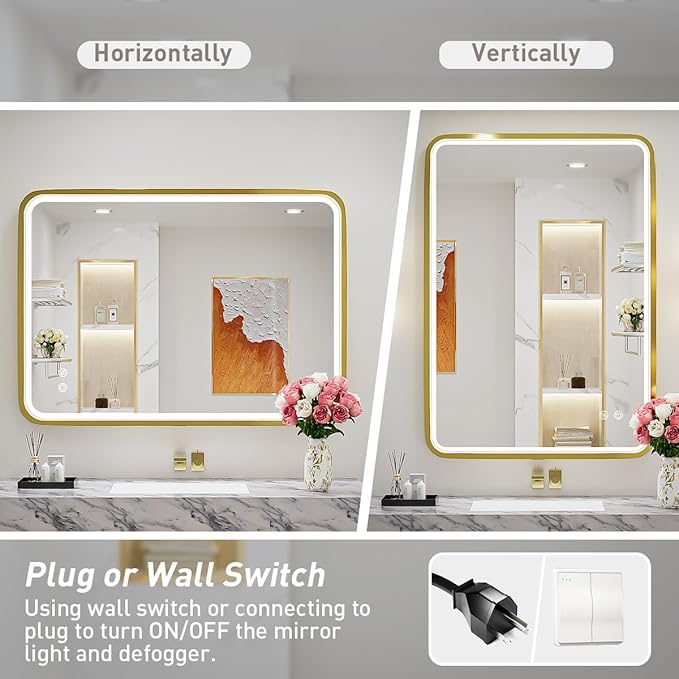 24x36 Inch LED Bathroom Vanity Mirror with lights,Wall Mounted Lighted Mirrors with Non-Rusting Gold Metal Frame Anti-Fog Memory Funtion Stepless Dimmable for Bathroom Decor(Horizontal&Vertical)