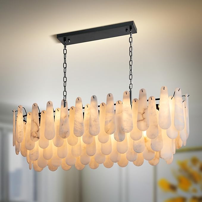 Chandeliers for Dining Room, L47.2 in Modern Alabaster Rectangle Black Chandelier, 4-Tiers Luxury Natural Stone Ceiling Light Fixture, White Marble Chandeliers for Kitchen Island Living Room Bedroom
