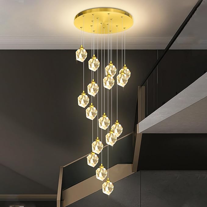16-Lights Gold Long Spiral Staircase Crystal Chandelier 130 inch Foyer Entrance High Ceiling Chandelier Lighting LED Dimmable 3000-6000K