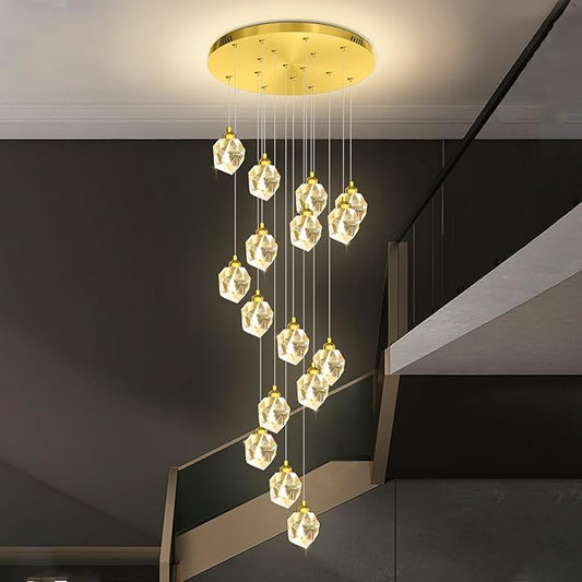 16-Lights Gold Long Spiral Staircase Crystal Chandelier 130 inch Foyer Entrance High Ceiling Chandelier Lighting LED Dimmable 3000-6000K