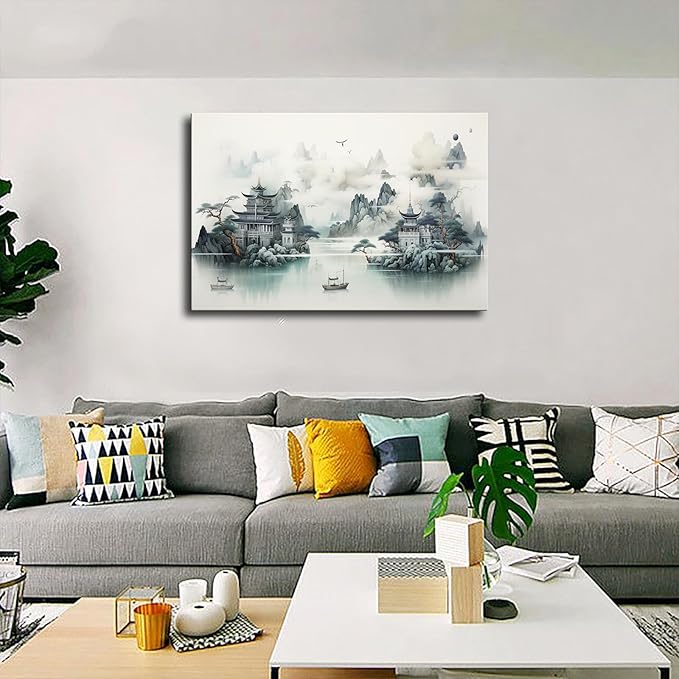 Oriental Inspired Traditional Chinese Landscape Painting Poster Canvas Wall Art Picture Print Modern Home Bedroom with Frameless Decor (Framed,08×12inch)