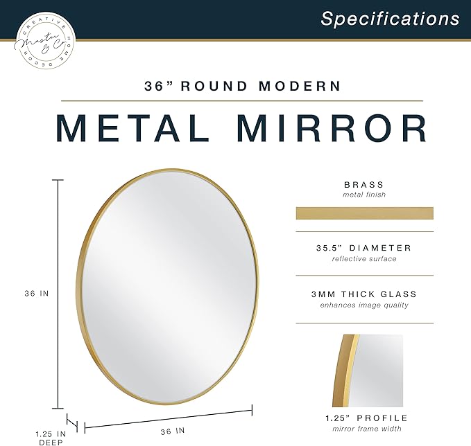 MCS Master & Co. 37.75in Round Metal Brass Mirror, Modern Wall Hanging Large Mirror for Bathroom, Bedroom & Livingroom