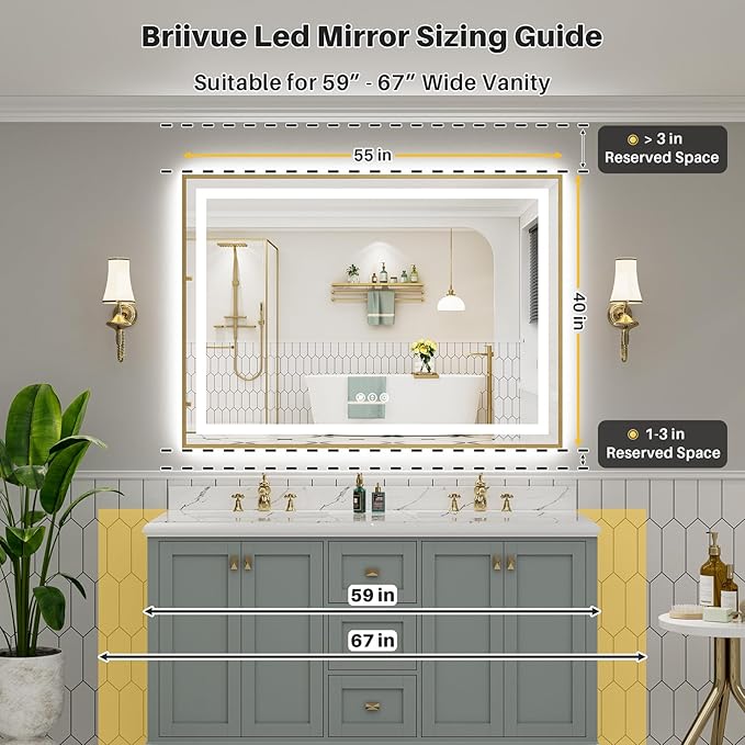 55x40 Inch LED Bathroom Mirror with Gold Frame, Backlit & Front Lit, Anti-Fog Lighted Bathroom Vanity Mirror for Wall, Memory Function, Dimmable, HD Tempered Glass, Shatter-Proof