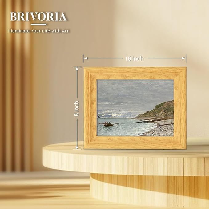Brivoria Framed Canvas Wall Art Vintage Decor, Realistic Coastal Landscape with Rowboat Rocky Shore and Cliffside Under Grey Sky for Kitchen Entryway Shelf Display or Tabletop Decor, 8"x10"