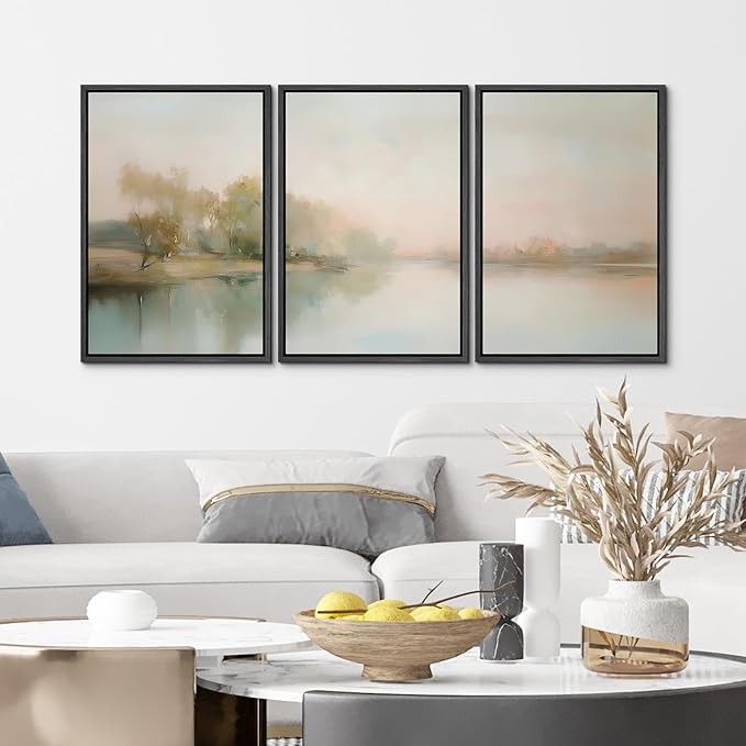 MUDECOR Framed Wall Art Print Set Soft Pastel Landscape Serene Waters and Reflections Illustrations Modern Art Boho Decorative Colorful Chic for Living Room, Bedroom, Office - 16"x24"x3 Black