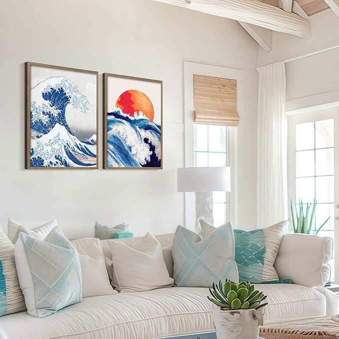 2Pcs Framed Canvas Wall Art Japanese Wave and Red Sun Poster Prints Hokusai Inspired Ocean Picture Traditional Ukiyo-e Gallery Decor Living Room Bedroom Office Apartment 16X24 Inch Ready to Hang