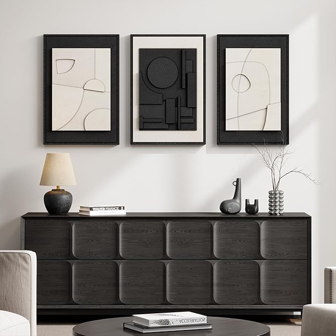3D Textured Framed Black and White Abstract Wall Art for Bedroom, 3 Piece Modern Paintings Artwork for Walls, Minimalist Black White Geometric Pictures for Living Room, Dining Room Wall Decor 16x24 In