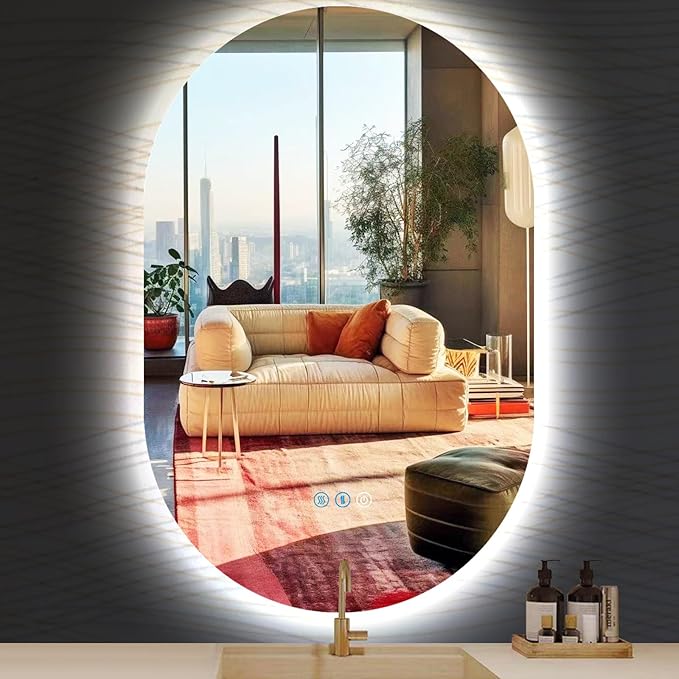 40 x 30 Inch Oval LED Backlit Mirror for Bathroom Salon Wall Horizontal/Vertical Mounted Antifog Smart Memory 3 Color 40 Inch Backlit Frameless LED Oval Lighted Vanity Mirror with Lights