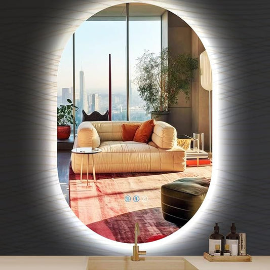 40 x 30 Inch Oval LED Backlit Mirror for Bathroom Salon Wall Horizontal/Vertical Mounted Antifog Smart Memory 3 Color 40 Inch Backlit Frameless LED Oval Lighted Vanity Mirror with Lights