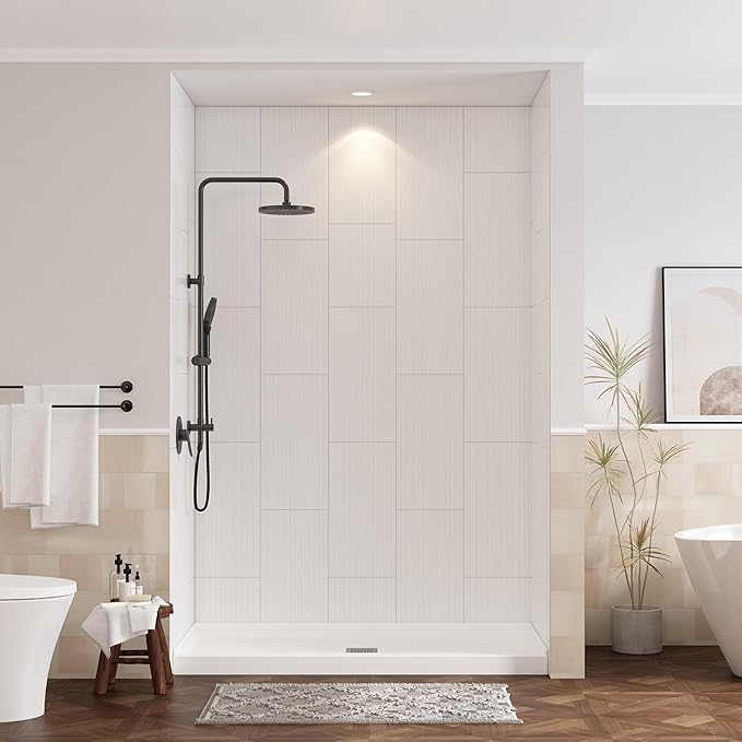 CASAINC Shower Wall Panels, Waterproof Wall Panels for Showers, Shower Surround Kit 3 Piece, 36D x 60W x 75H, Glossy White Wood Grain Finish, SMC Material, 3.5MM Thick, Quick Install, Trimmable