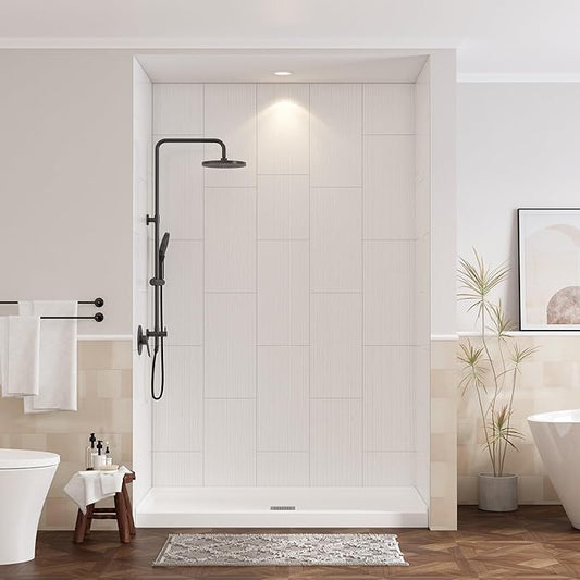 CASAINC Shower Wall Panels, Waterproof Wall Panels for Showers, Shower Surround Kit 3 Piece, 36D x 60W x 75H, Glossy White Wood Grain Finish, SMC Material, 3.5MM Thick, Quick Install, Trimmable