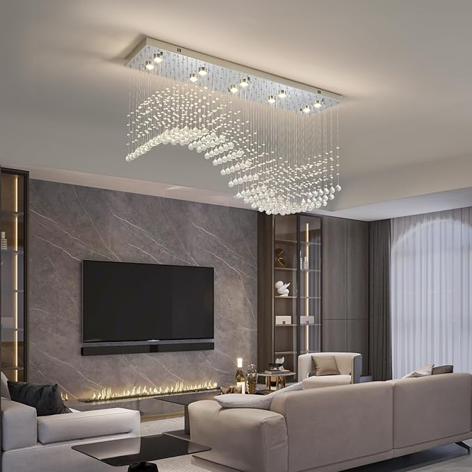 Modern Rectangle Crystal Raindrop Chandelier: 47" Long Chrome Dimmable Led High Ceiling Chandeliers with Remote - Silver Wave Raindrop Flush Mount Ceiling Light Fixture for Dining Living Room Kitchen
