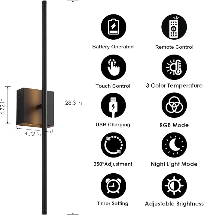 Battery Operated Wall Sconces Set of Two, with Remote Control, Dimmable, Warm White/Natural White/Daylight/RGB, 350°Rotate, LED Black Wireless Wall Light for Living Room, Bedroom, 28.3 Inch