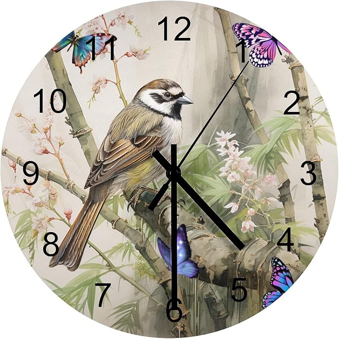 Bird Flower Hummingbird Decorated Round Wall Clock, Retro Watercolor Bamboo Forest Ink-Wash Painting Style Spring Garden Tropical Flower Wooden Silent Wall Clock 12x12INCH
