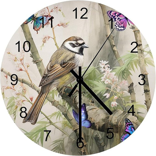 Bird Flower Hummingbird Decorated Round Wall Clock, Retro Watercolor Bamboo Forest Ink-Wash Painting Style Spring Garden Tropical Flower Wooden Silent Wall Clock 12x12INCH