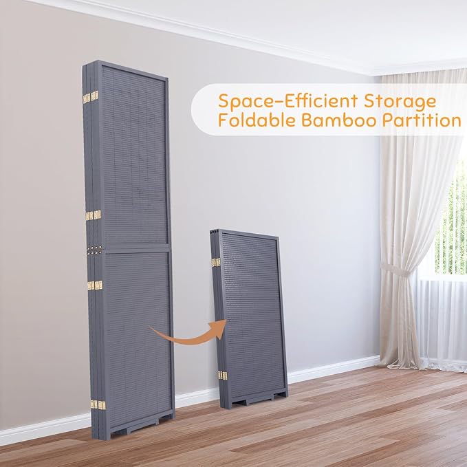 Bamboo Room Divider Folding Privacy Screens, Wall Divider for Room Separation, Portable Room Partitions and Dividers, 5.6FT Bamboo Mesh Woven Room Divider Panel (Grey, 4 Panel)
