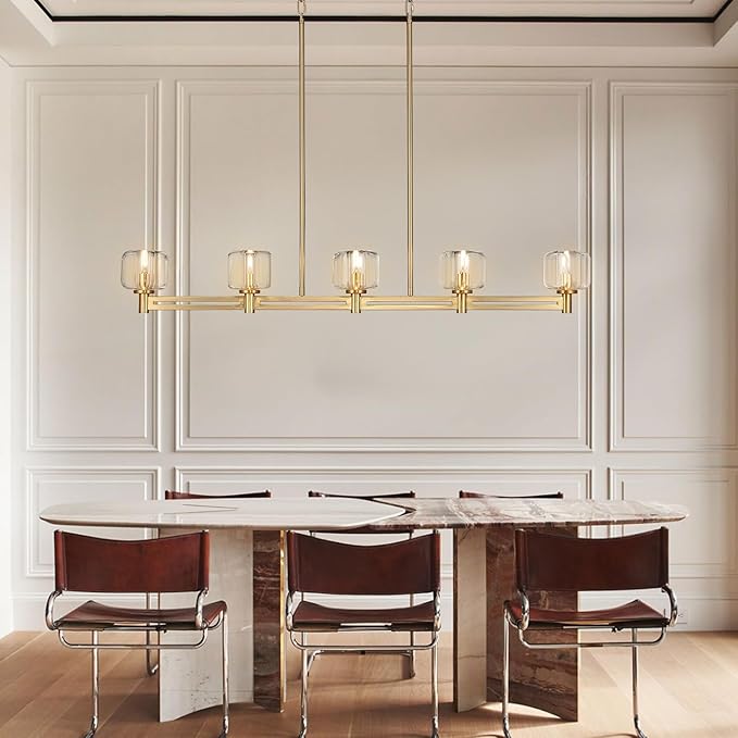 Modern Crystal Chandelier, 54" Large Gold Rectangle Chandeliers for Dining Room, 5-Light Kitchen Island Lighting, Light Fixtures Over Table,Pendant Lighting Fixture for Dining Room Bedroom