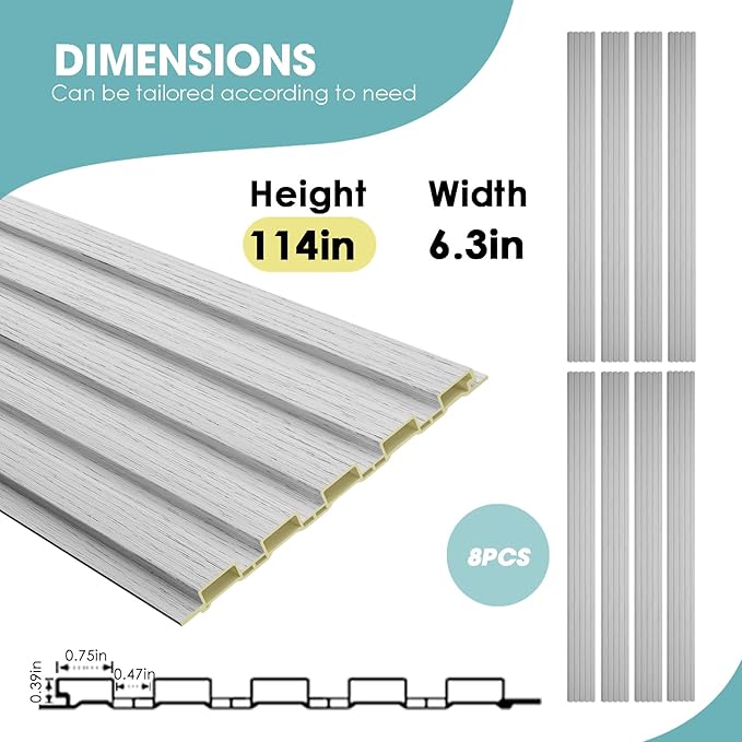 OUZUGIE WPC Acoustic Slat Wall Paneling, 8-Pack 114 x 6 Inches 3D Wall Panels for Interior Wall Decor,Living Room,TV Background,Study Room,Office Spaces,Bedroom,Low Grille (Grey)