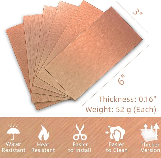 Aluminum Peel and Stick Backsplash Tile Panels - 3"x6" Brushed Copper Kitchen Wall Decor, 40-Pack (Copper Color)