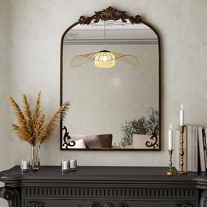 36"x 24" Arched Bathroom Mirror, Wall-Mounted Mirror with Carved Metal Frame & Bottom Art Carved, Vanity Mirror for Home Decor, Hanging Wall Mirror with Baroque Ornate Carved Accents, Vintage Bronze