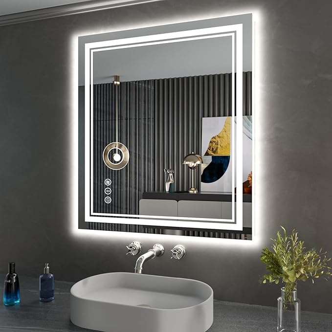 28 x 32 Inch LED Bathroom Mirror, Front Light and Backlit Anti-Fog Dimmable Memory Lighted Vanity Mirror, Shatterproof Wall-Mounted Led Mirror for Bathroom