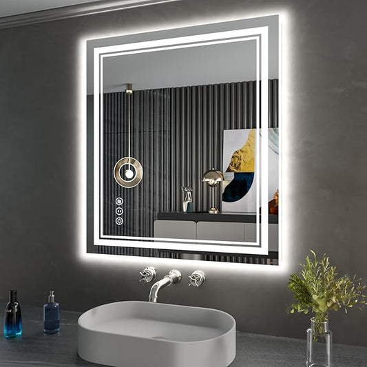 28 x 32 Inch LED Bathroom Mirror, Front Light and Backlit Anti-Fog Dimmable Memory Lighted Vanity Mirror, Shatterproof Wall-Mounted Led Mirror for Bathroom