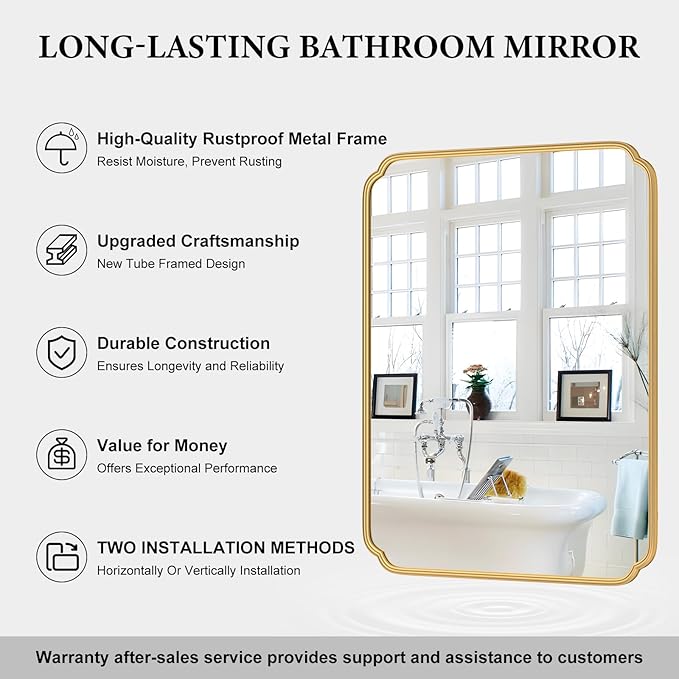 36 x 48 Inch Gold Bathroom Vanity Mirror for Wall with Non-Rusting Metal Frame Large Rounded Rectangle Mirror for Over Sink (Horizontal/Vertical)