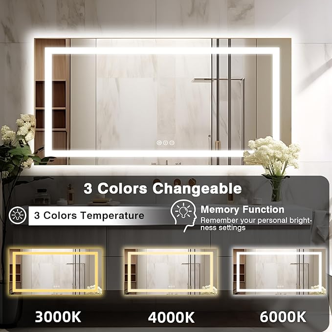 72"x40" Large LED Bathroom Mirror with Lights (Front & Backlit), Fogless, Stepless Dimmable, 3 Color Smart Mirror (Horizontal/Vertical)