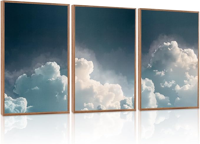 LHIUEM Abstract White Clouds Framed Canvas Wall Art,Modern Navy Blue Sky Wall Decor,Natural Scenery Painting,Minimalist Dreamy Artwork for Living Room,Bedroom,Dining Room -16"x24"x3