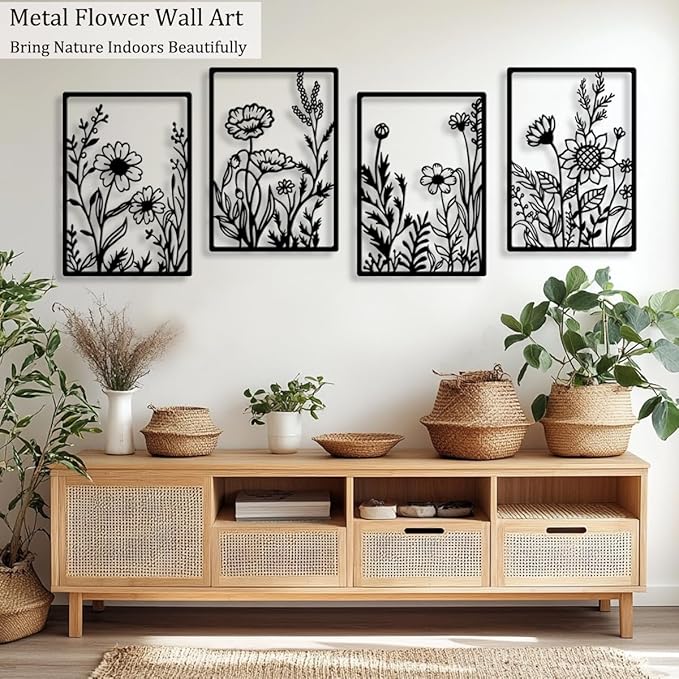 Metal Flowers Wall Décor Minimalist Metal Wall Art for Living Room Bedroom Bathroom, Black Abstract Flowers Line Hanging Art 3D Textured Wall Sculptures 4 Pcs
