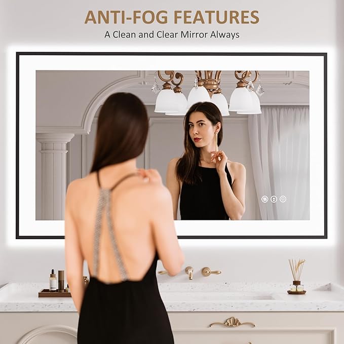 LOAAO 40"X24" LED Bathroom Mirror Black Framed, Anti-Fog, Dimmable, Lighted Bathroom Vanity Mirror for Wall, Memory Function, Tempered Glass