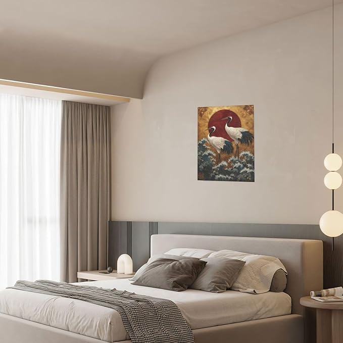 Japanese Crane Wall Art Gold Oriental Asian Wall Decor Sandhill Crane Canvas Pictures Paintings Prints Japan Traditional Aesthetic Artwork Framed Chinese Decorations For Bedroom Living Room Office Gifts 12" x 16"