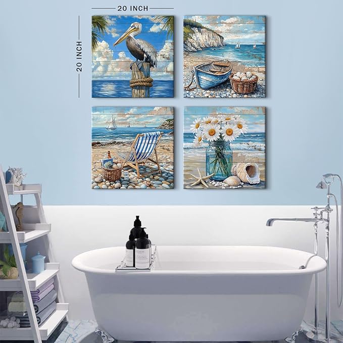 Nautical Beach Bathroom Wall Decor Retro Seascape Picture Canvas Prints Bedroom Coastal Pelican Poster for Living Room Teal Beach Flower Boat Wooden Grain Art Framed Artwork Home Decorations 20x20 4P