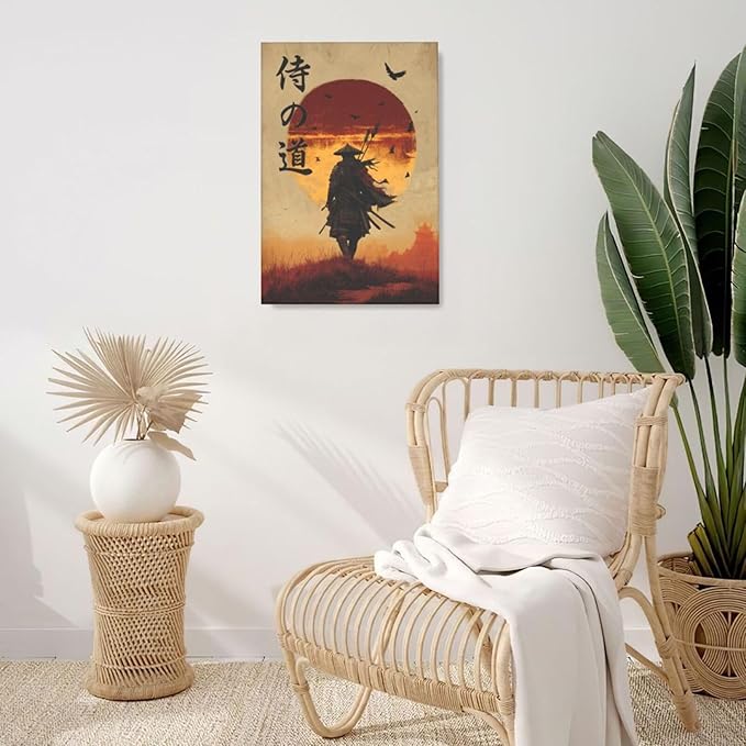 Japanese Samurai Wall Art Oriental Asian Bushido Wall Decor Warrior Figure Canvas Pictures Paintings Prints Japan Traditional Aesthetic Artwork Framed Decorations For Bedroom Living Room Office Gifts 16" x 24"