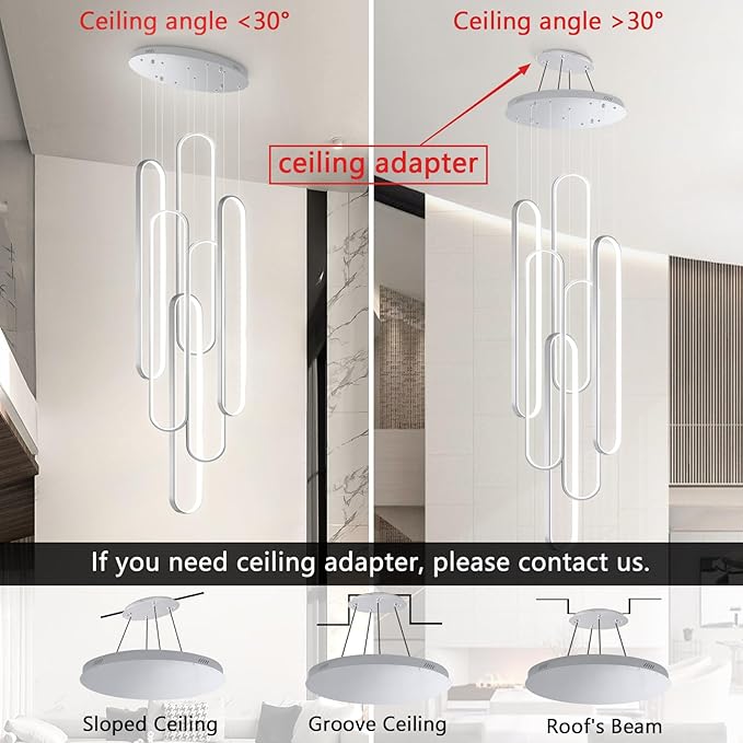 6 Rings Modern Chandelier LED Dimmable Pendant Lighting High Ceiling Chandelier for Entrance Foyer Lobby Staircaes Sliver 118''